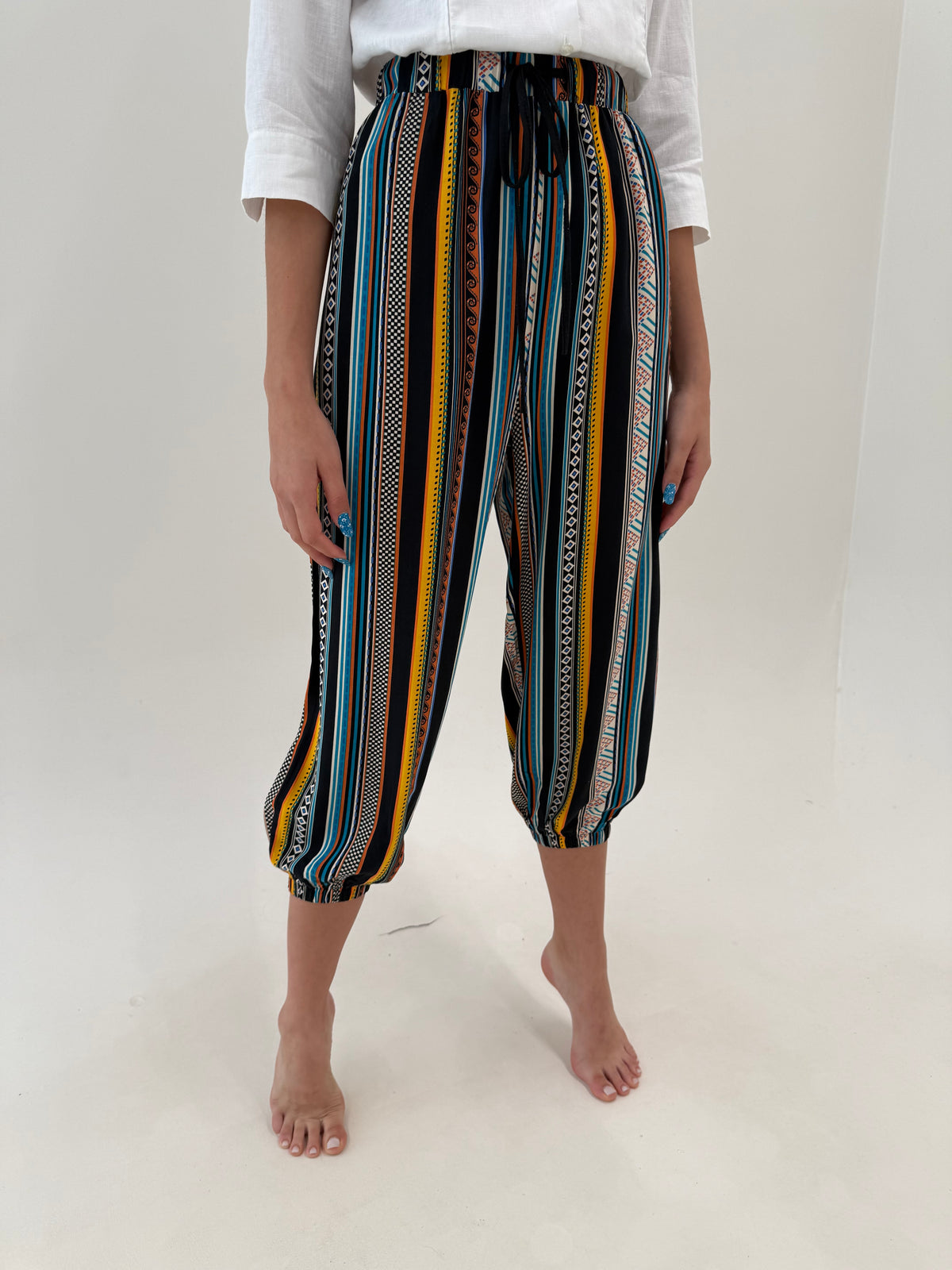 Pantaloni baloon petite capri cu talie ultra înaltă elastică vaporoși în dungi