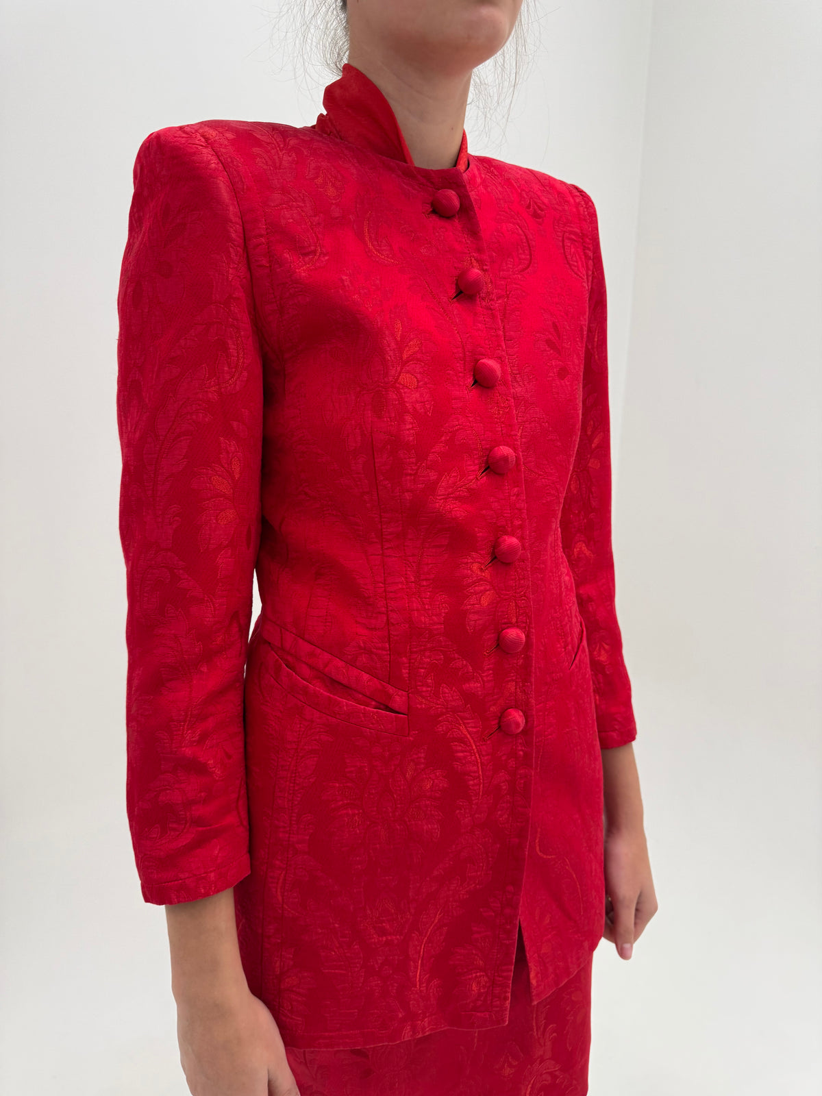 Costum vintage de brand super premium Rena Lange din brocart de mătase naturală