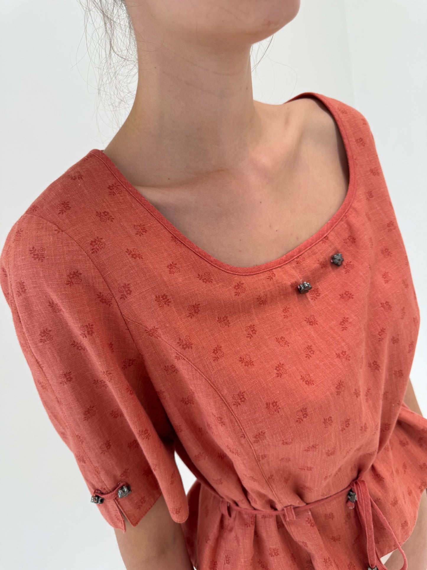 Corsaj vintage din pânză de in și bumbac dusty terracotta cu talie reglabilă