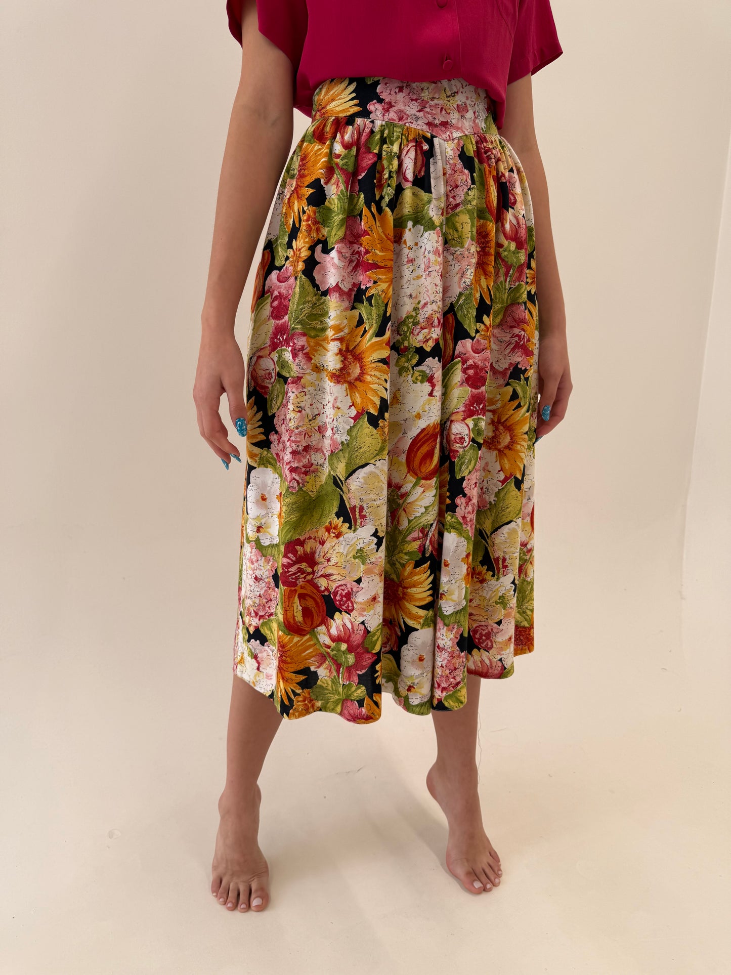 Fustă pantaloni super vaporoasă cu print floral superb și talie ultra înaltă elastică