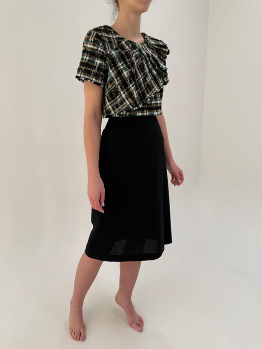 Fustă neagră midi cu talie ultra înaltă si pliseuri asimetrice din lana extrafina