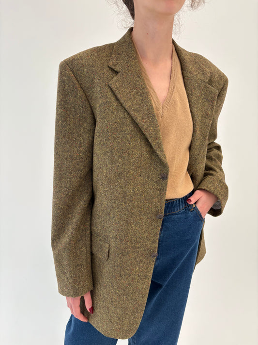 Sacou italian camel în croi actual din tweed de lana cu inserții colorate