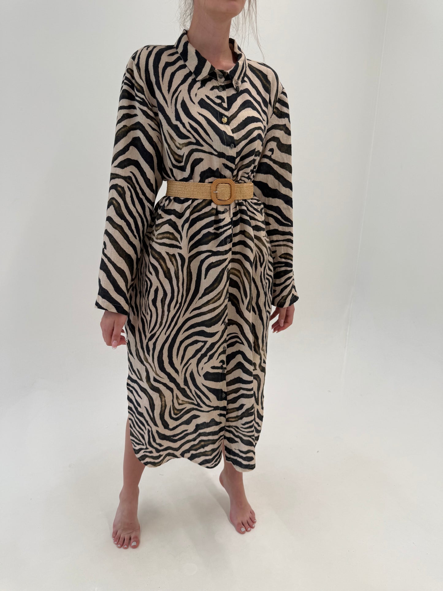 Rochie animal print din in în croi lejer