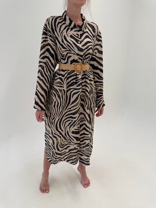 Rochie animal print din in în croi lejer