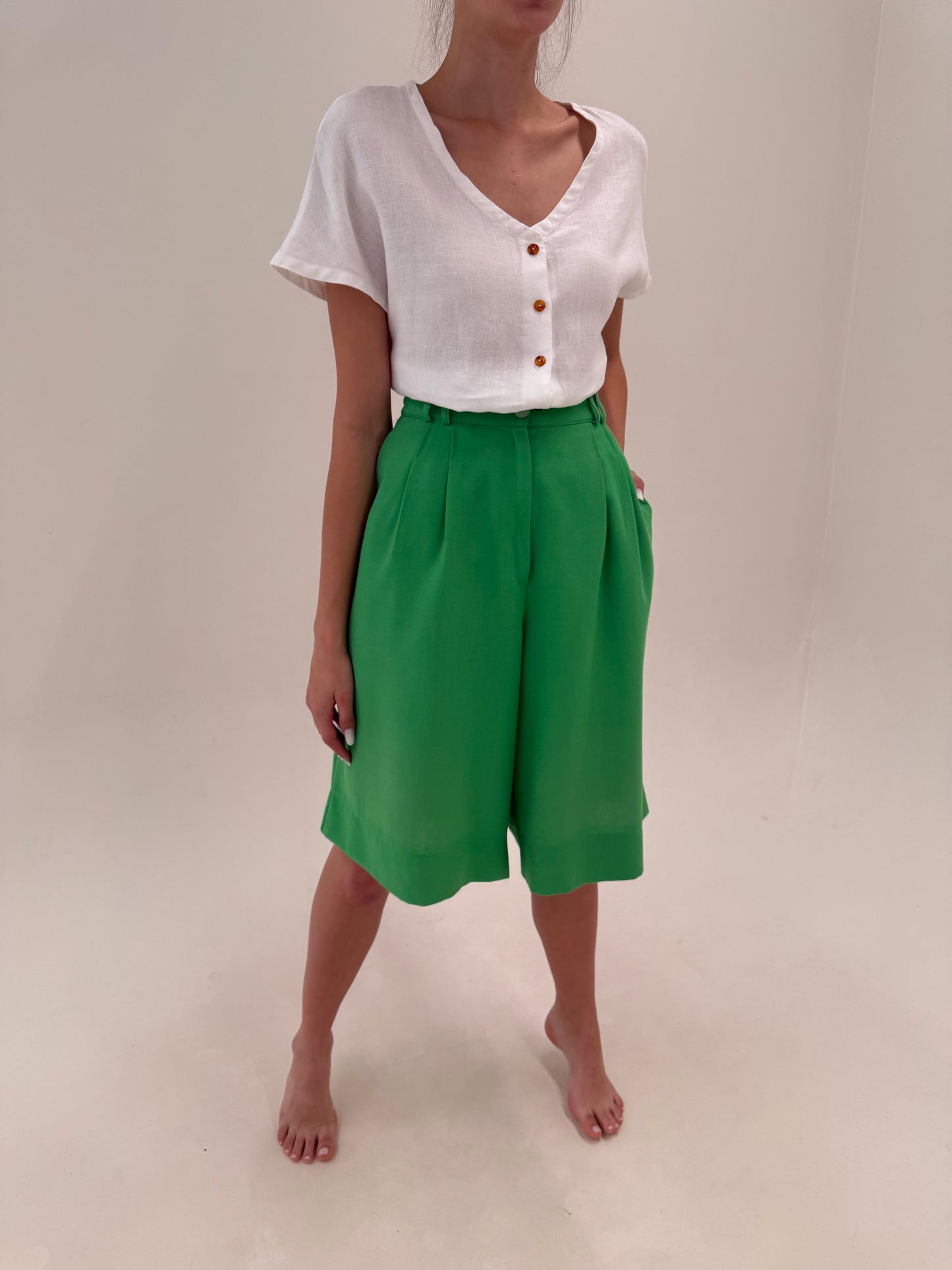 Pantaloni vintage emerald green din pânză cu talie extrem de înaltă marcată