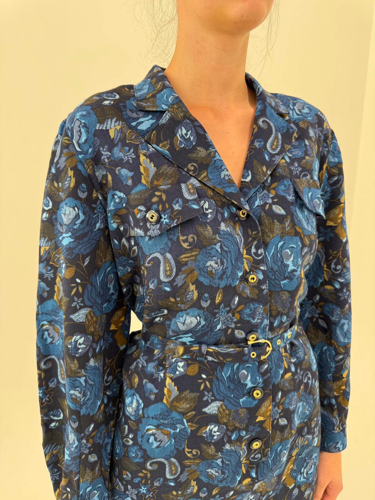 Rochie din lana extrafina cu print floral și talie marcată cu curea proprie