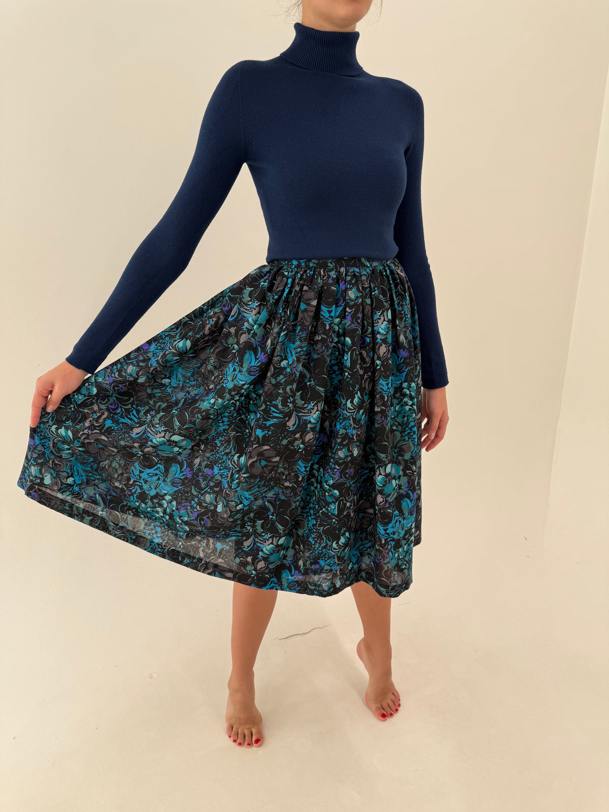 Fustă vintage din lana extafina cu print superb și talie ultra înaltă elastică