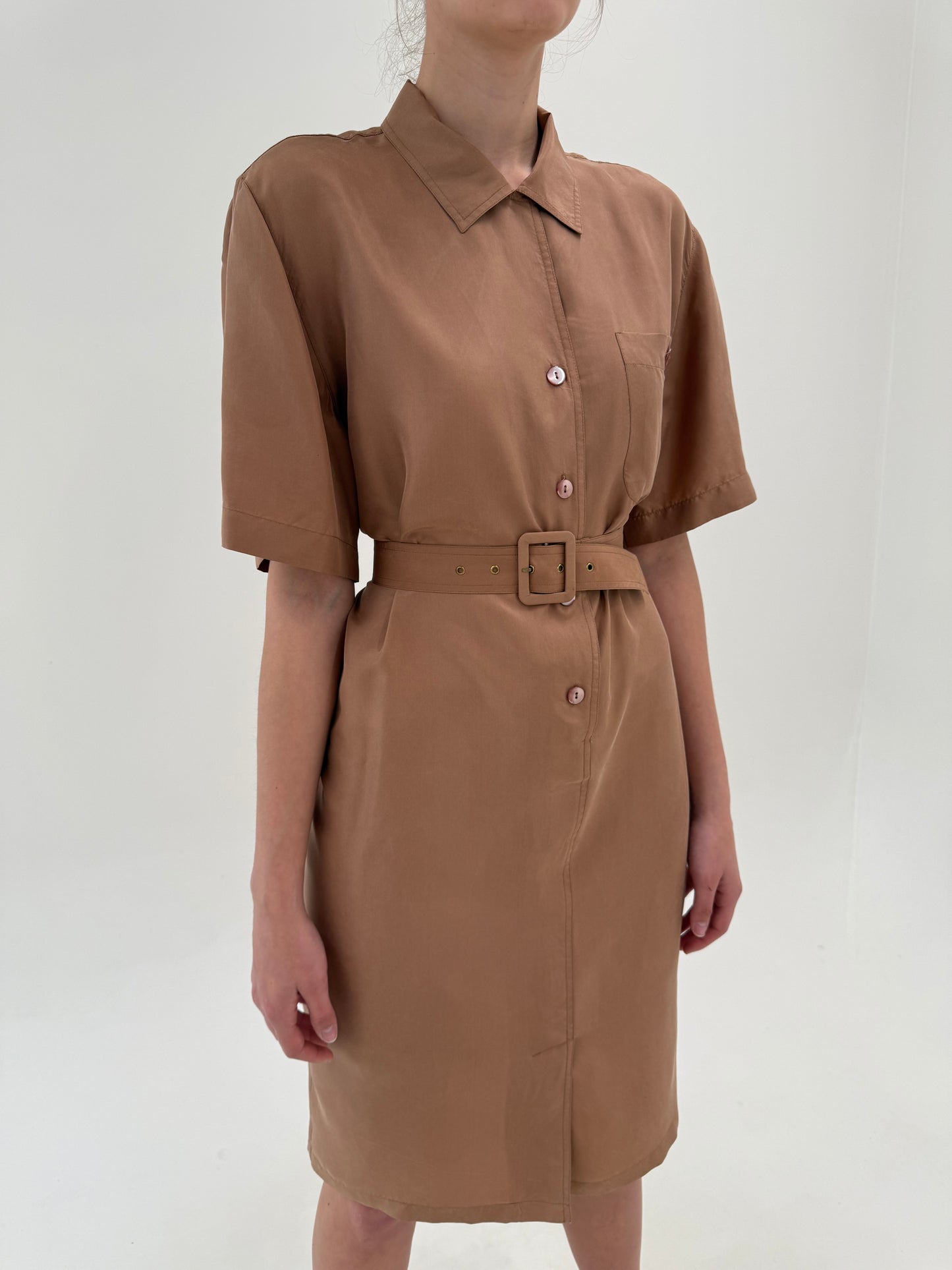 Rochie din mătase natural cafe au lait cu talie ultra înaltă reglabilă