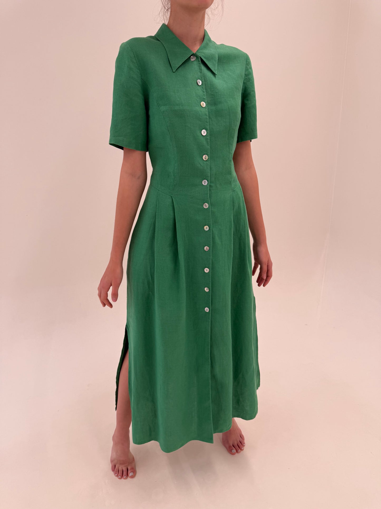Rochie maxi din in excepțional cu buzunare și croi cambrat