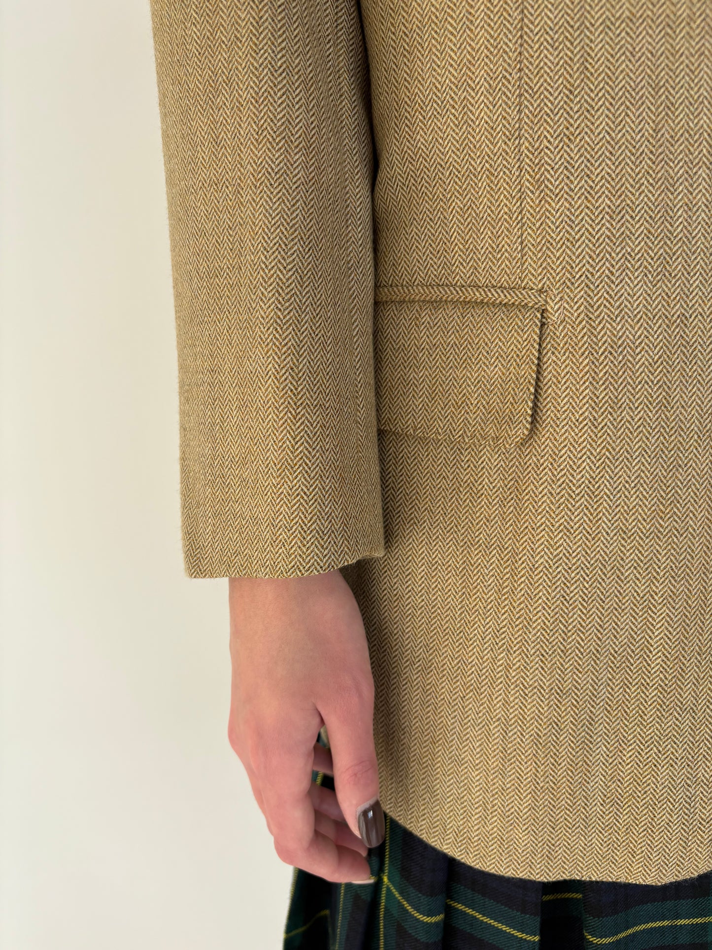 Sacou italian couture camel din stofă de lana și cașmir herringbone