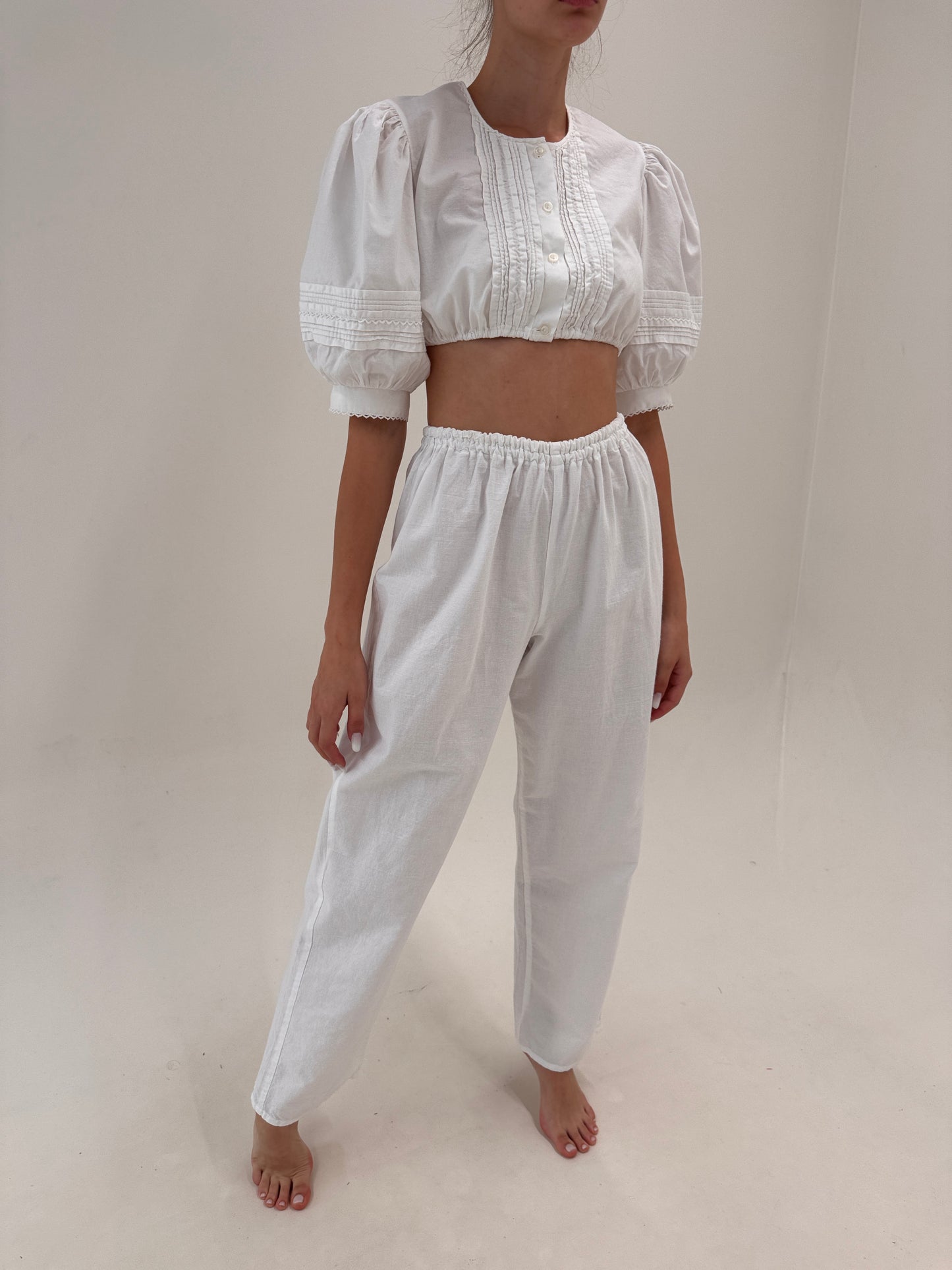 Pantaloni vintage new old stock tall din pânză excepțională de in cu talie elastică