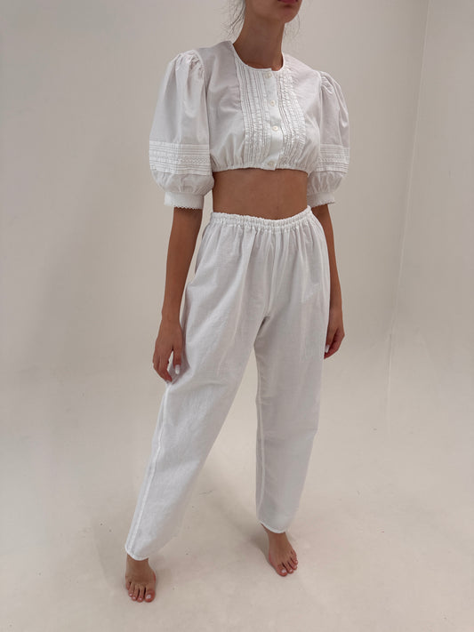 Pantaloni vintage new old stock tall din pânză excepțională de in cu talie elastică