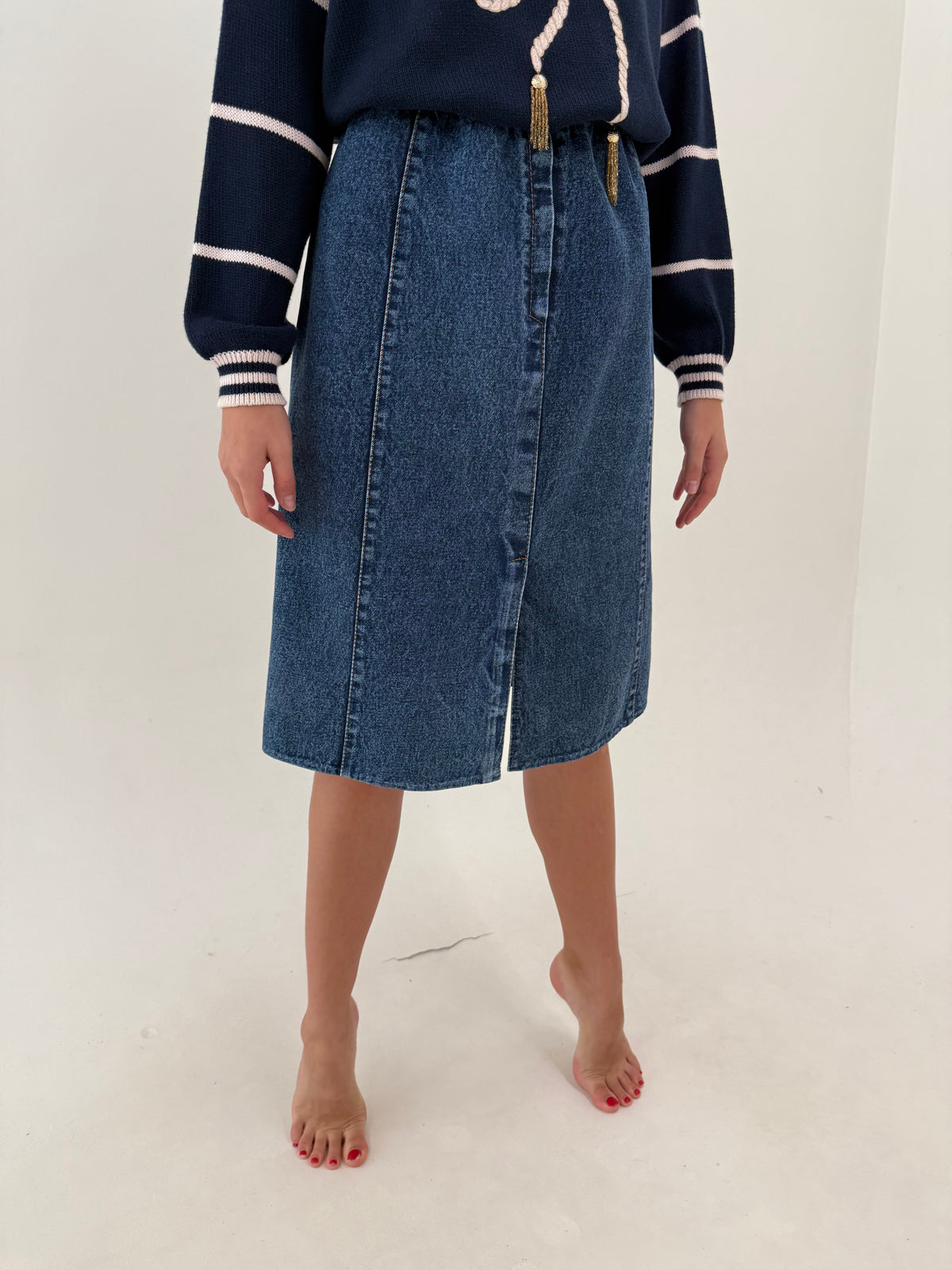 Fustă vintage din jeans gros midi cu buzunare și talie elastică ultra înaltă