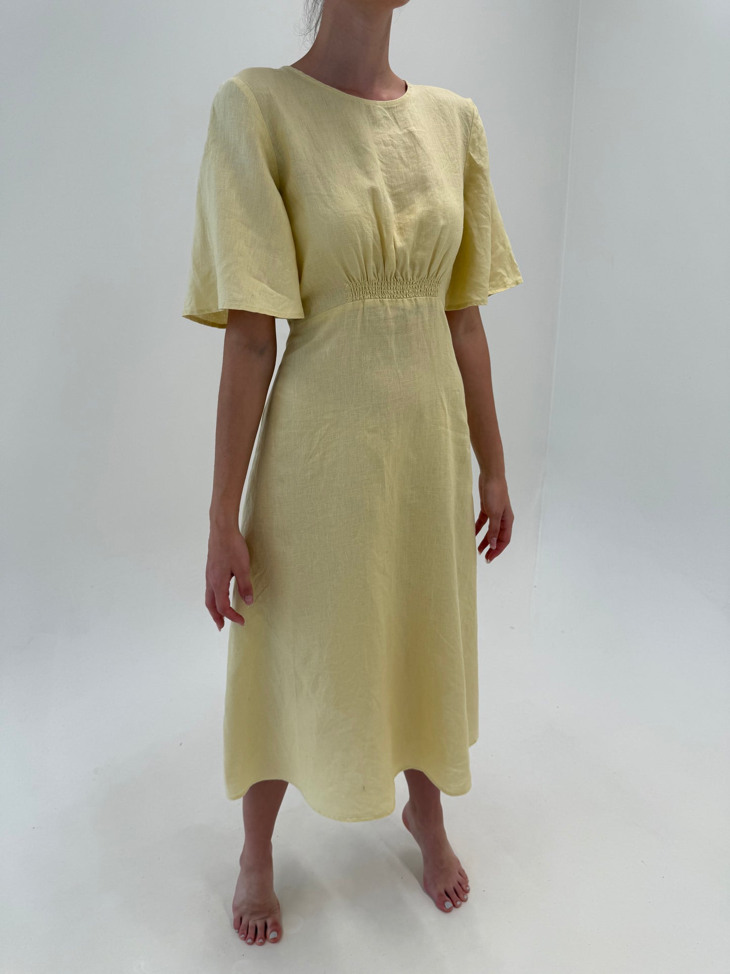 Rochie maxi din in premium cu talie ultra înaltă elastică și mâneci clopot