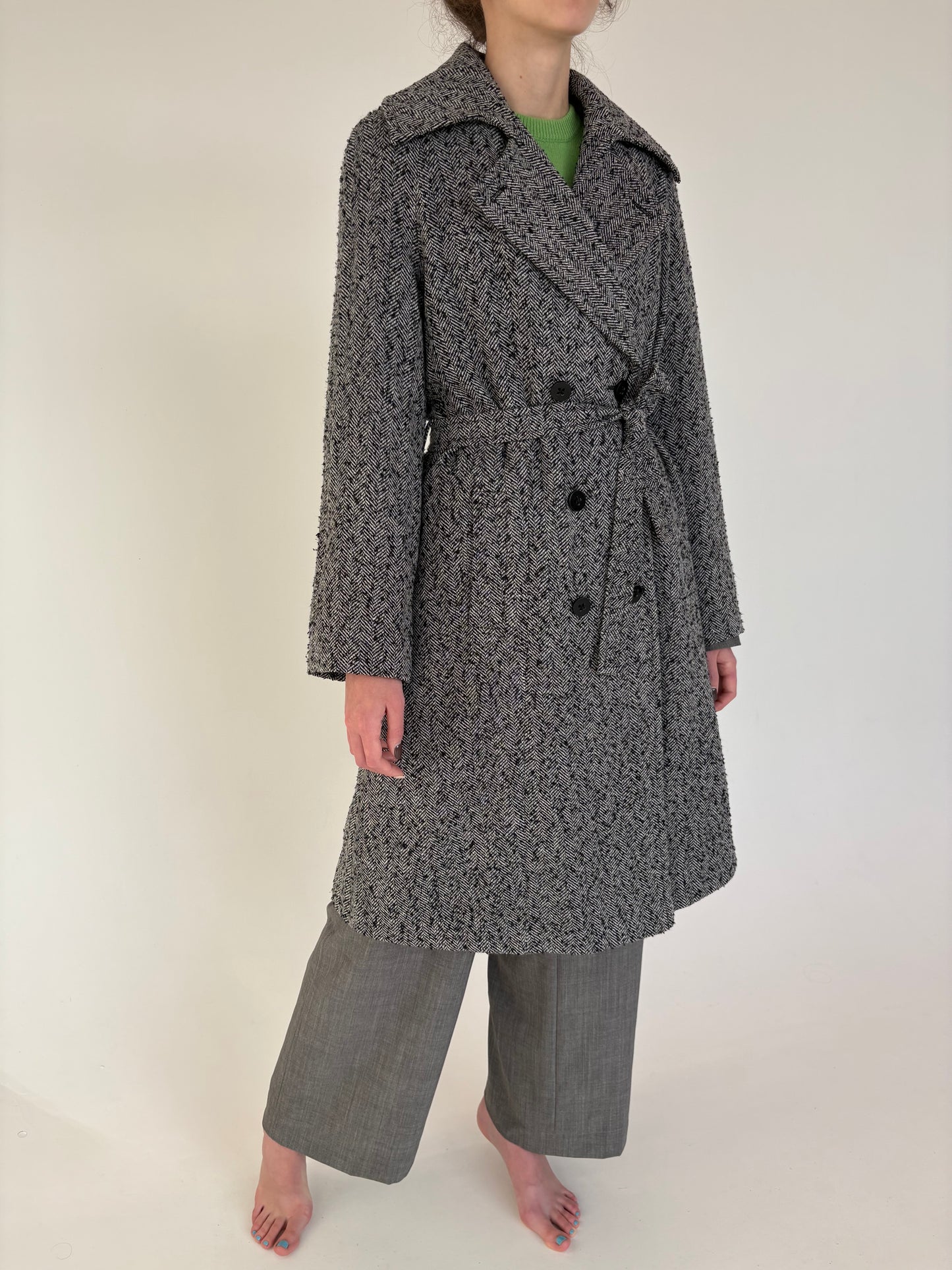 Palton din tweed herringbone rustic moale de lana cu cordon