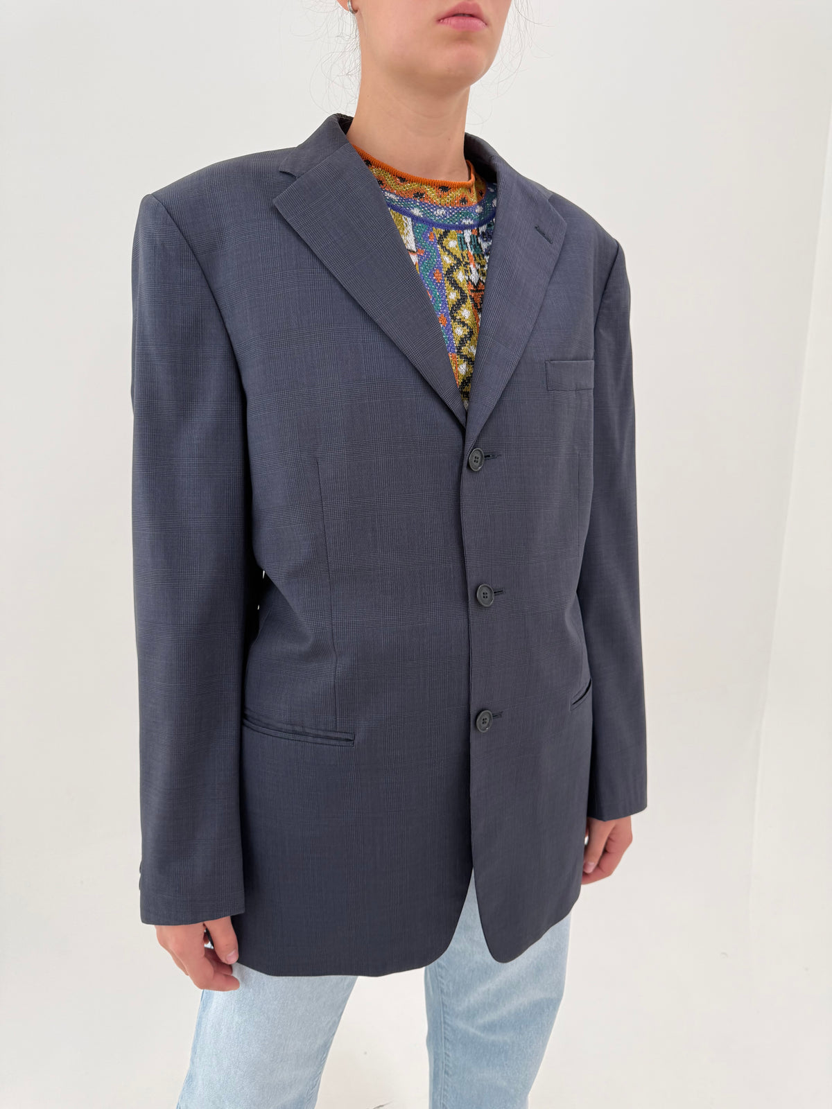 Sacou Valentino Navy blue în carouri fine din lana excepțională