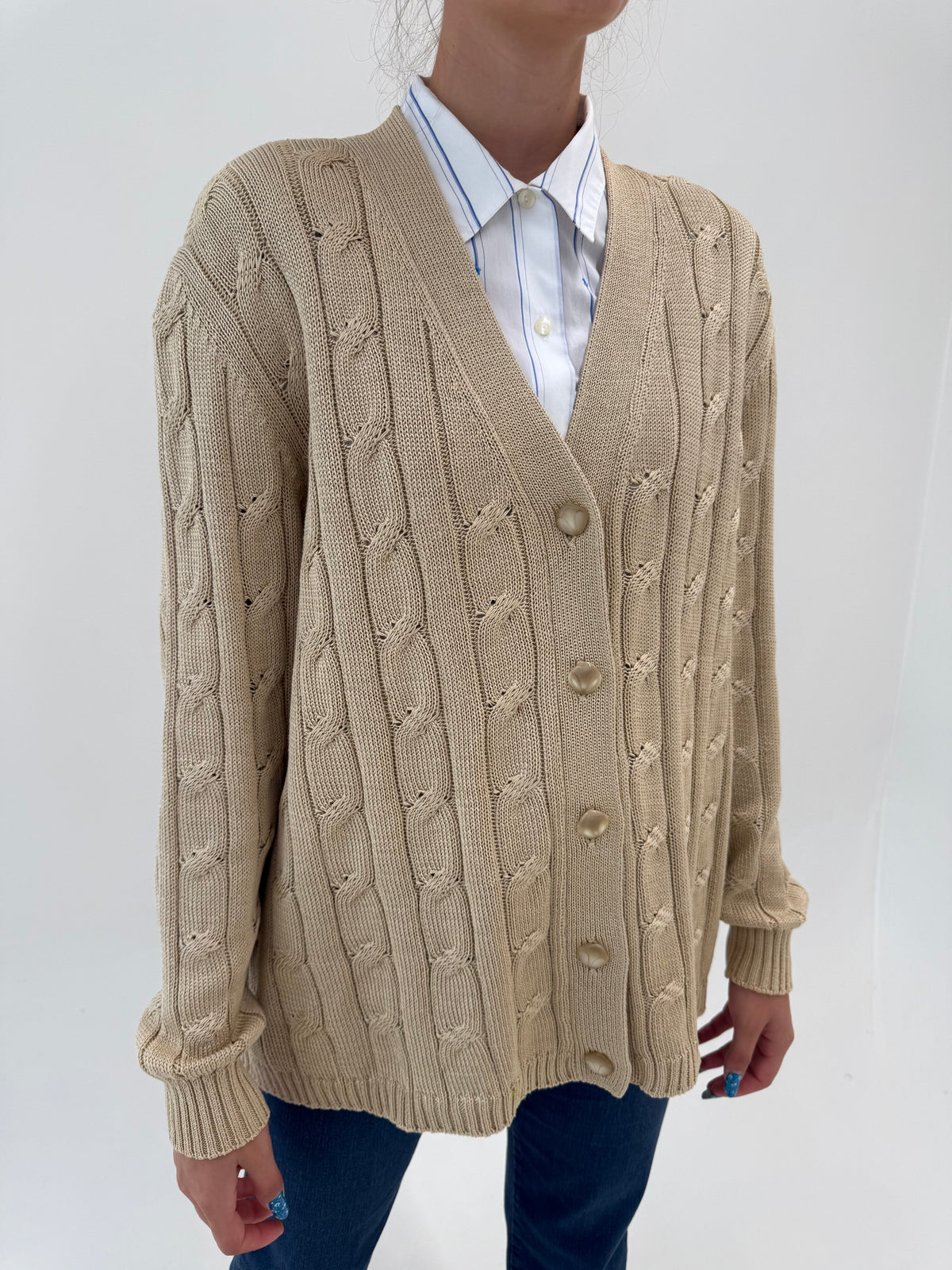 Cardigan camel cu torsade din bumbac de gramaj mare excepțional