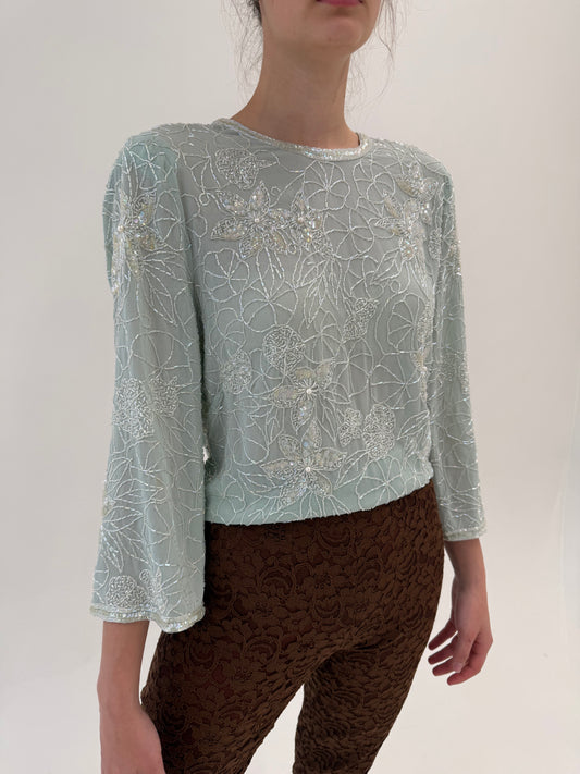 Top vintage bijterie integral cu aplicații manuale excepționale mint green