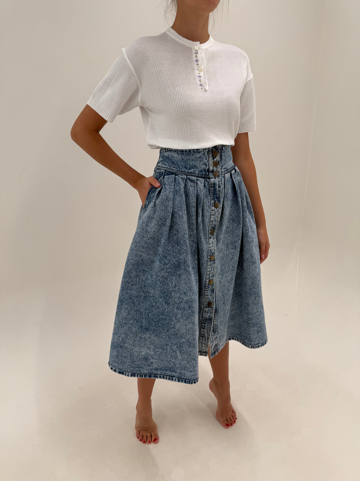 Fustă vintage din jeans în croi ultra amplu cu talie ultra marcată stonewash și buzunare