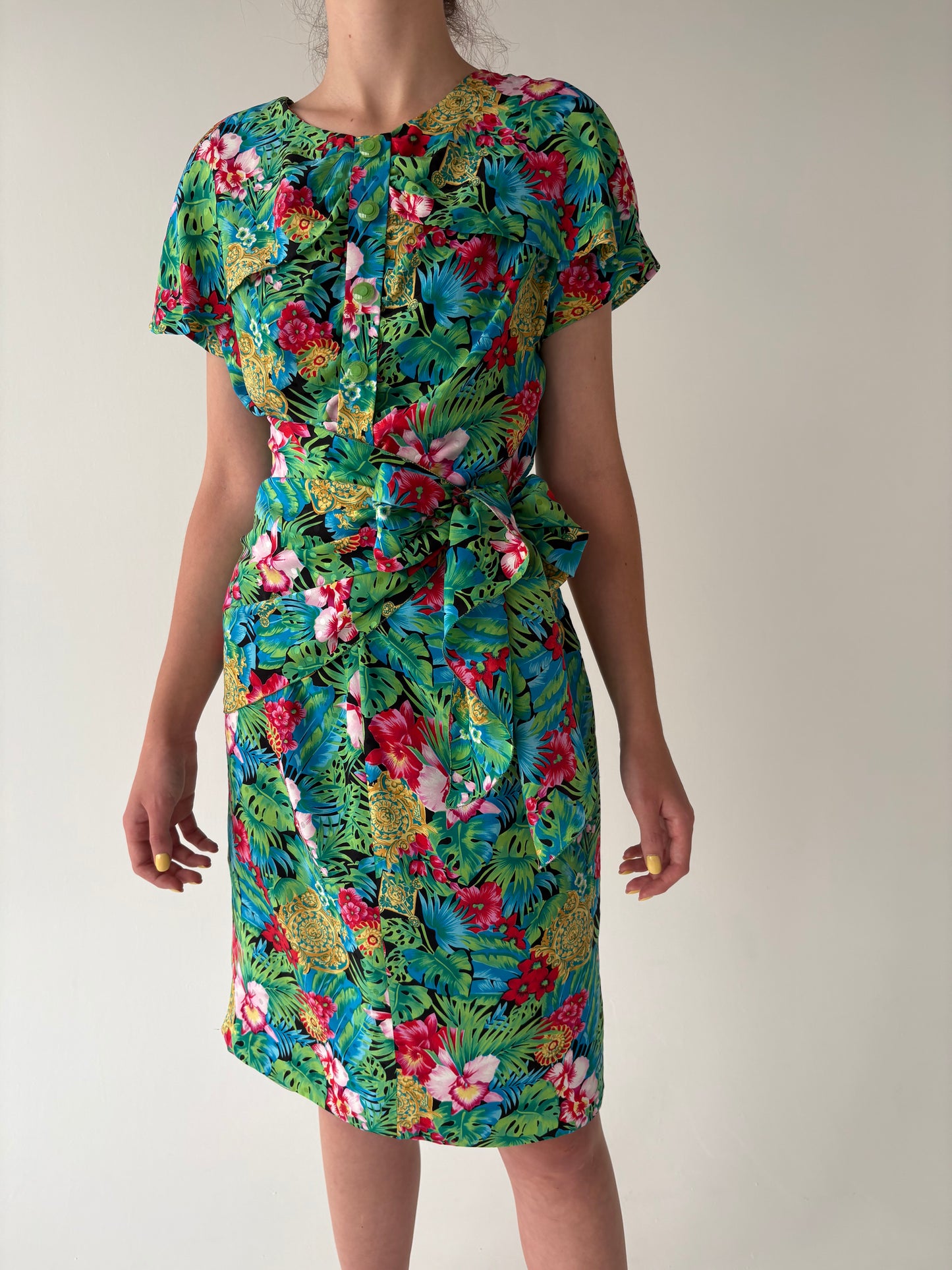 Rochie vintage italiană din mătase naturală cu print superb în culori tari