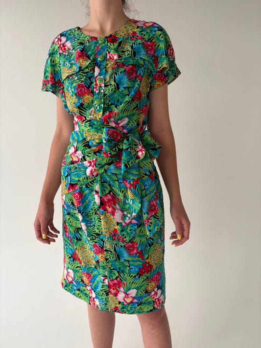 Rochie vintage italiană din mătase naturală cu print superb în culori tari