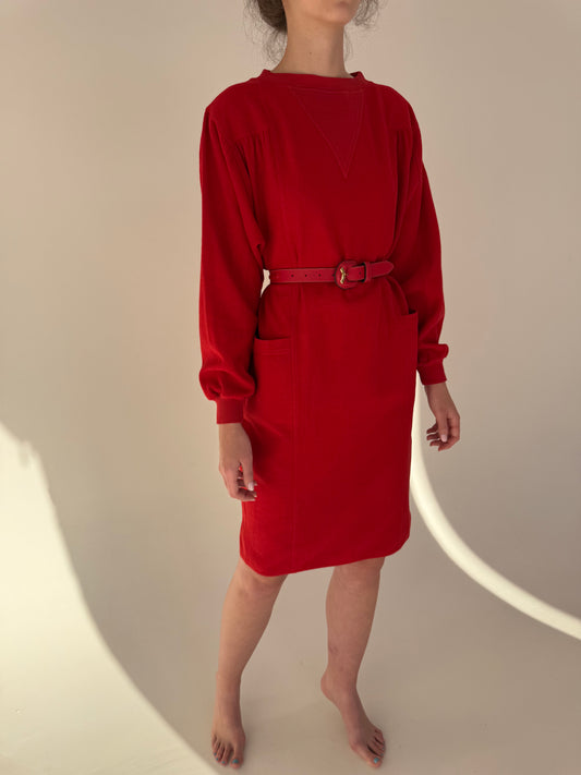 Rochie cherry red din lana extrafina cu buzunare și mânecă tip fluture