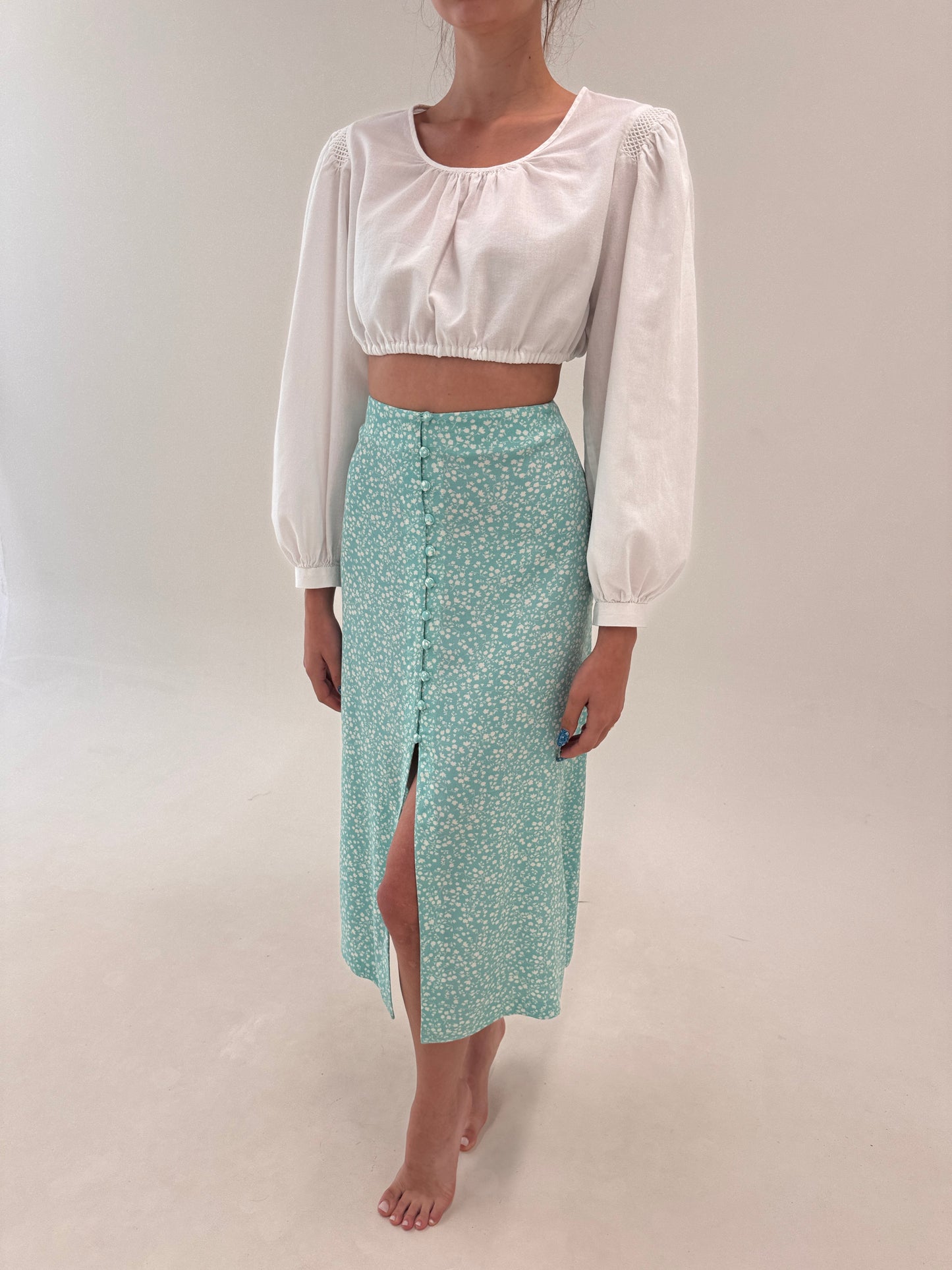Fustă vaporoasă maxi mint green cu print delicat și talie ultra înaltă