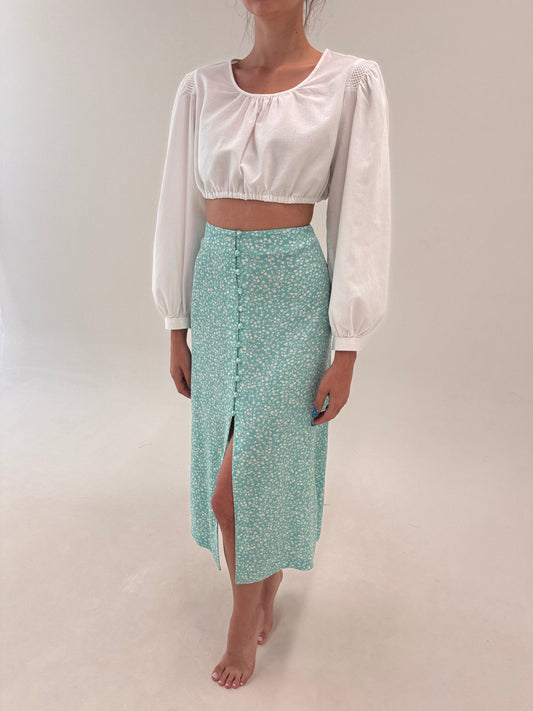 Fustă vaporoasă maxi mint green cu print delicat și talie ultra înaltă