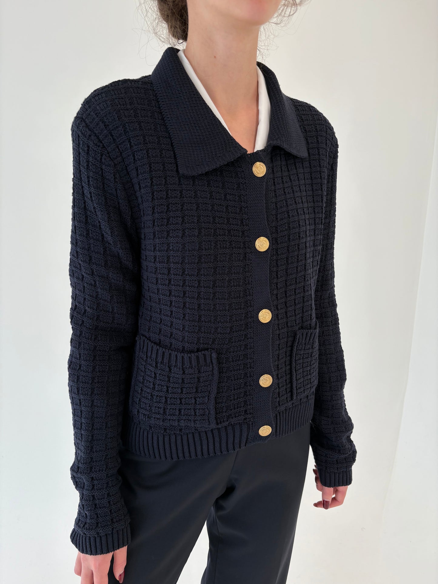 Jacheta Navy cu nasturi aurii din tricot gros de bumbac de gramaj mare