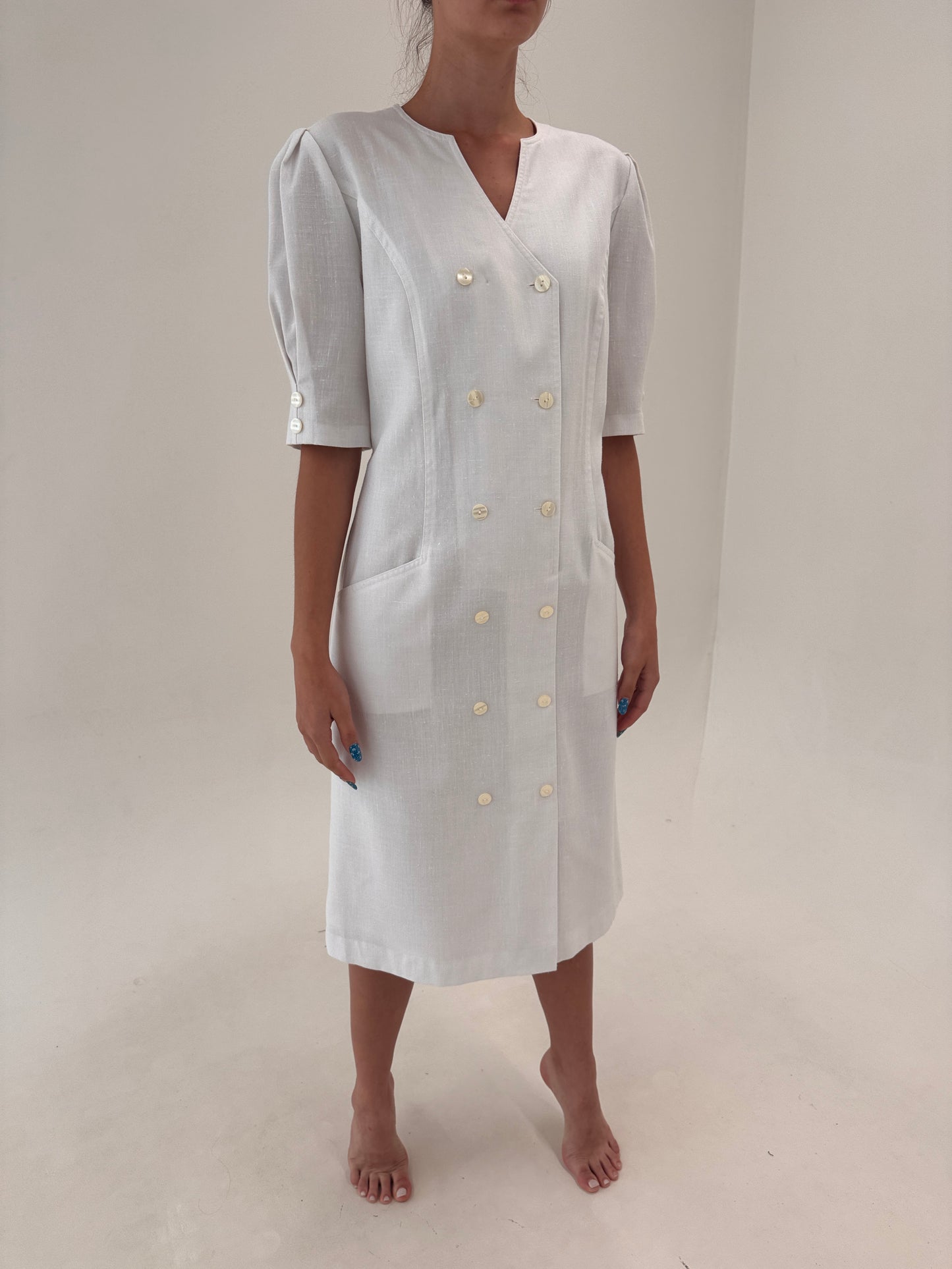 Rochie retro din pânză de in butter white cu mâneci ușor bufante