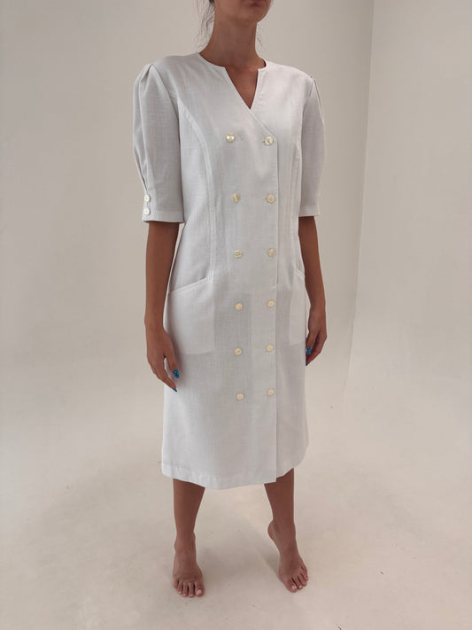Rochie retro din pânză de in butter white cu mâneci ușor bufante