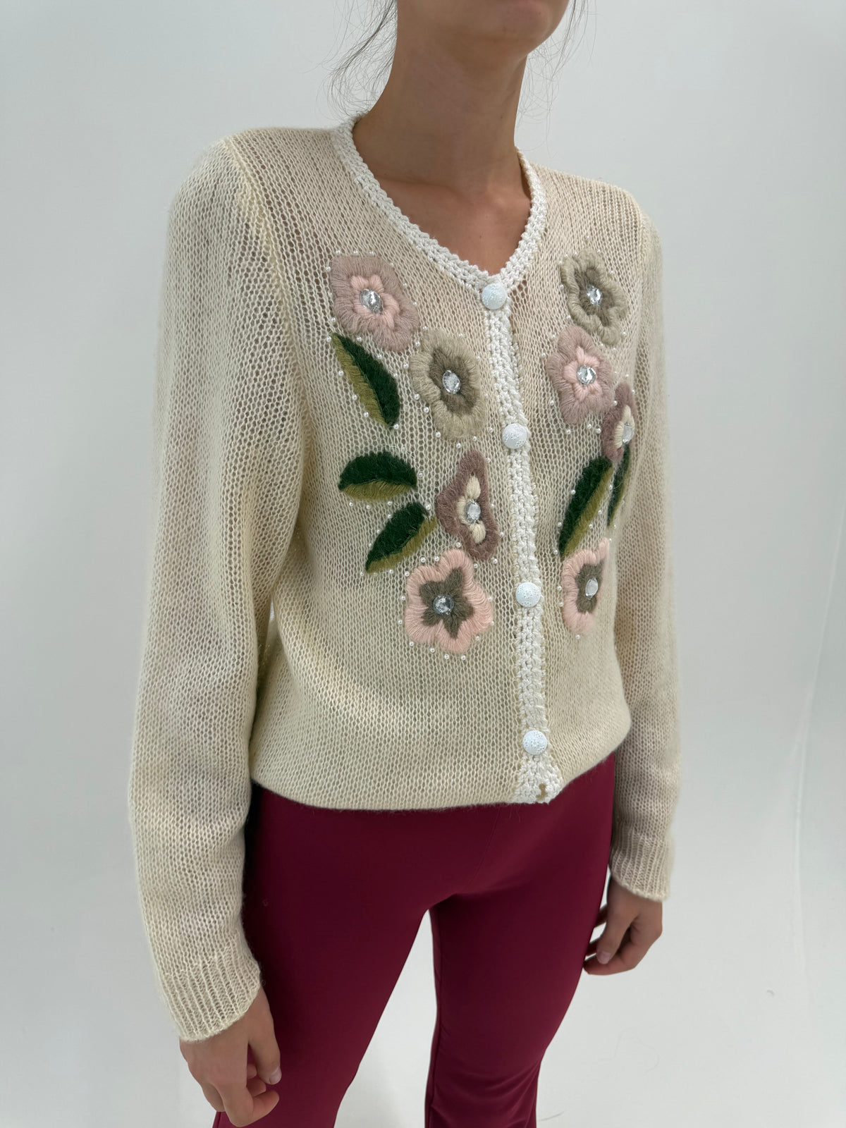 Cardigan vintage bijuterie cu broderie manuală și aplicații din super kid mohair