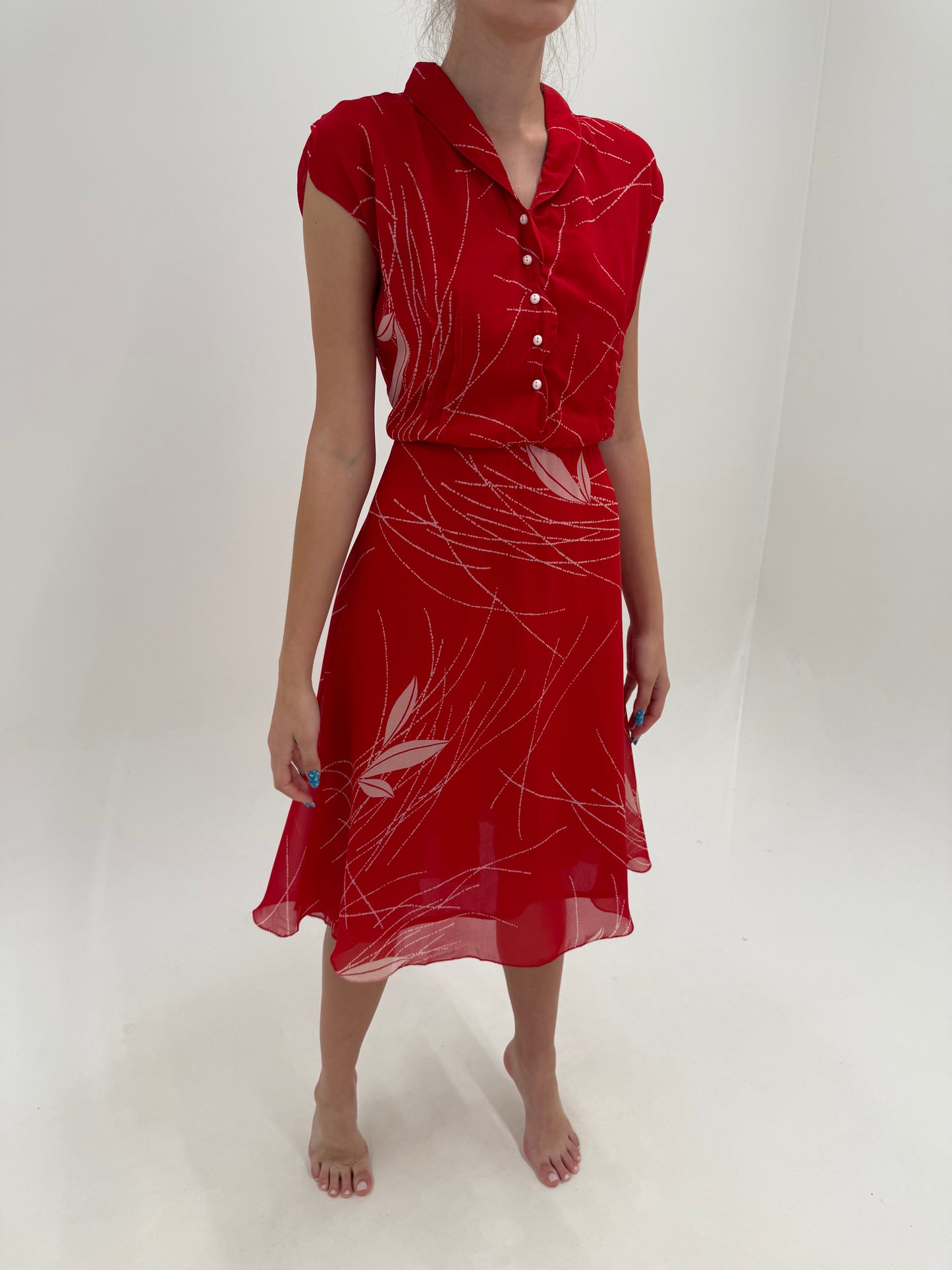 Rochie vintage italian cherry red din vascoza cu talie ultra înaltă elastică