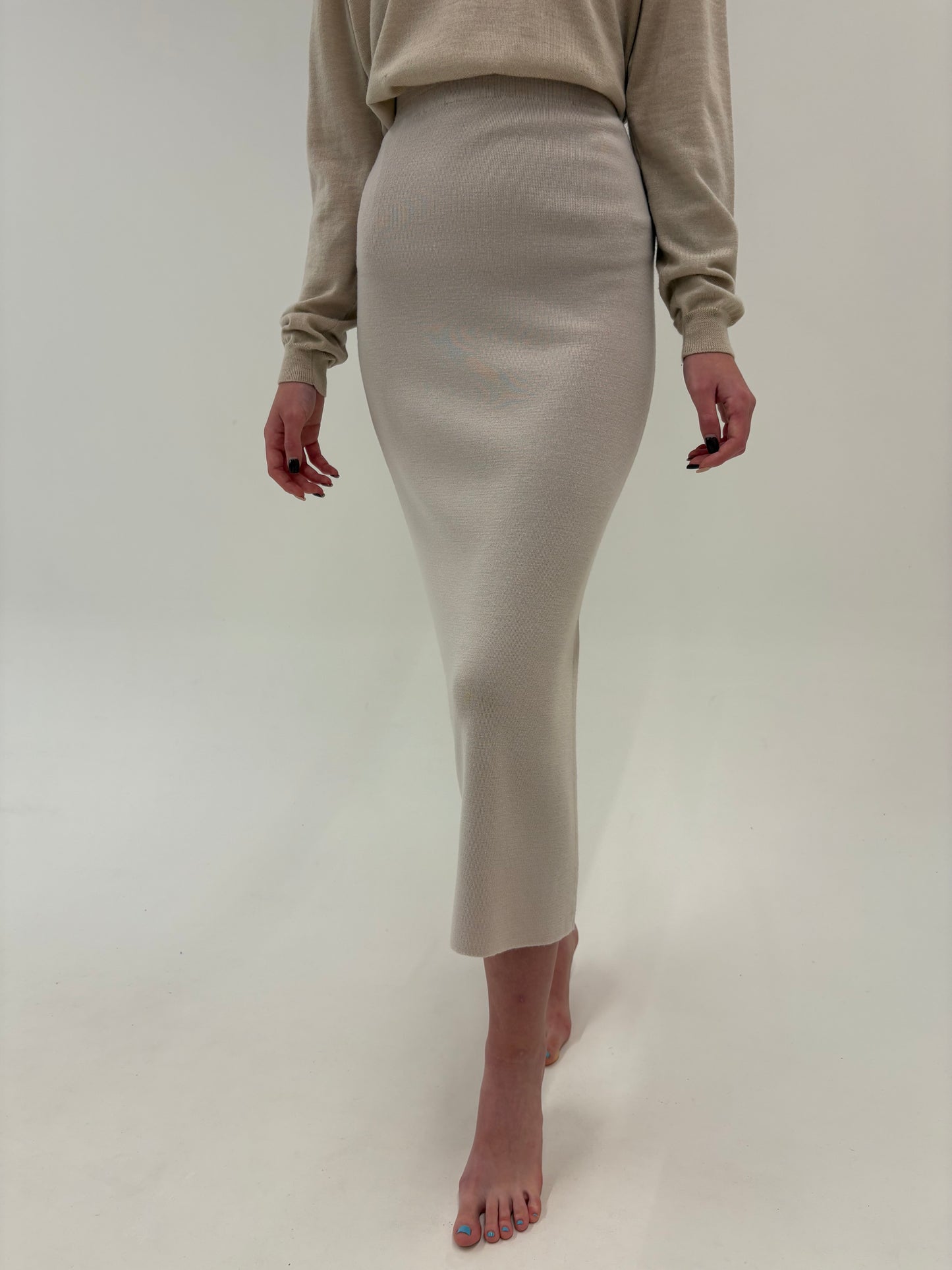 Fustă off white maxi din tricot de lână merino extrafina de gramaj mare