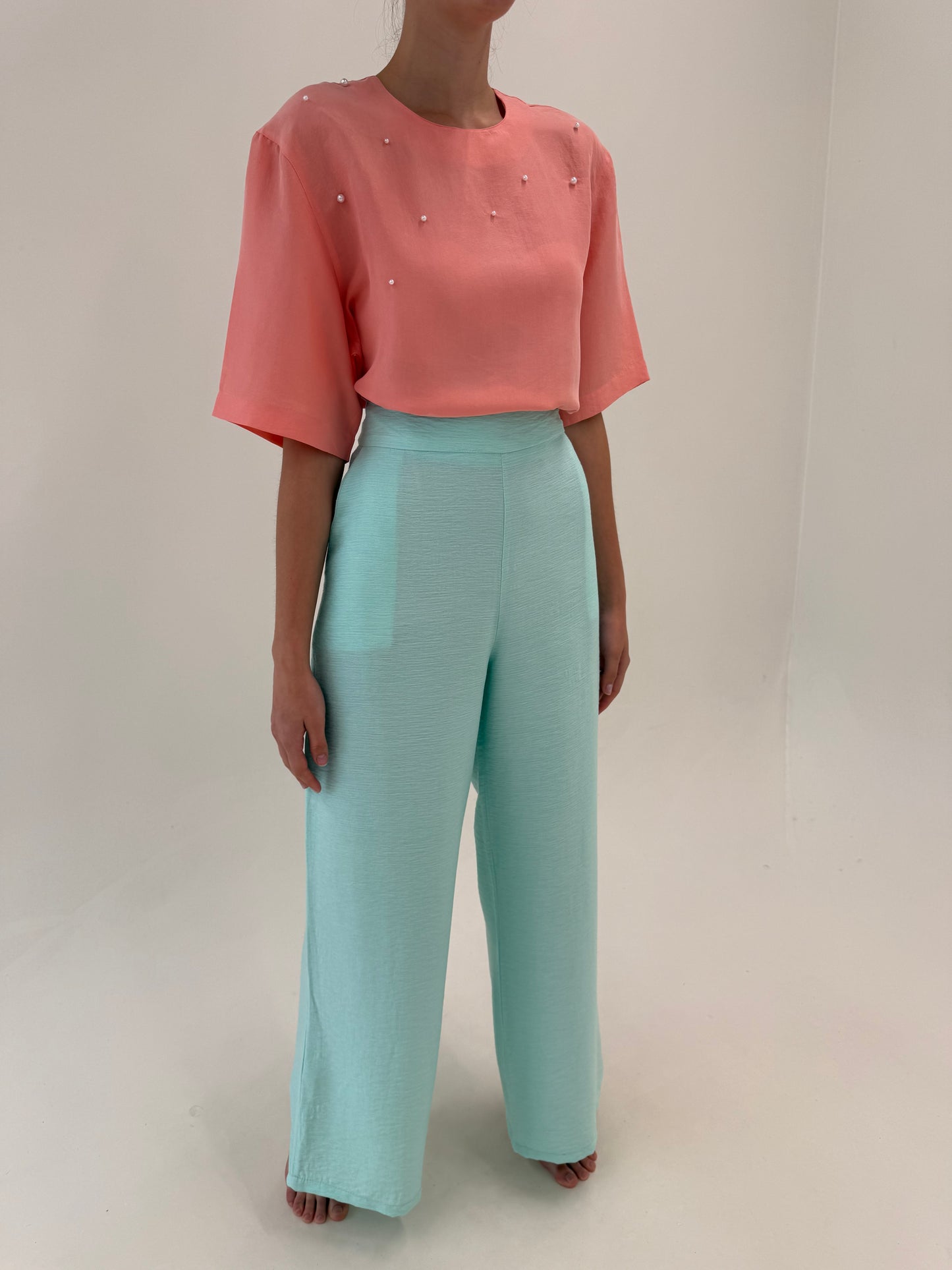 Pantaloni palazzo mint green din panzica extrafina cu talie ultra înaltă
