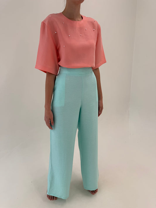 Pantaloni palazzo mint green din panzica extrafina cu talie ultra înaltă