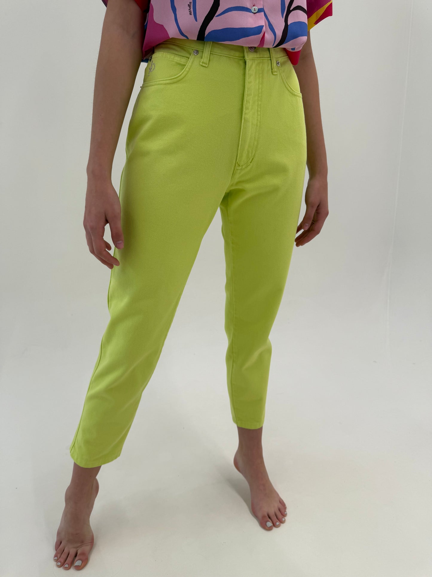 Jeans luxury vintage Rocco Barocco de vară neon green cu talie ultra înaltă