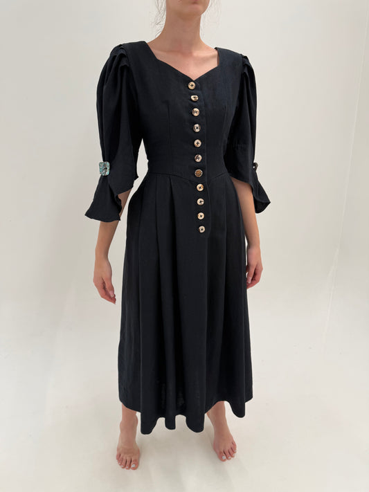 Rochie vintage neagra maxi din pânză grea de in cu corsaj și buzunare