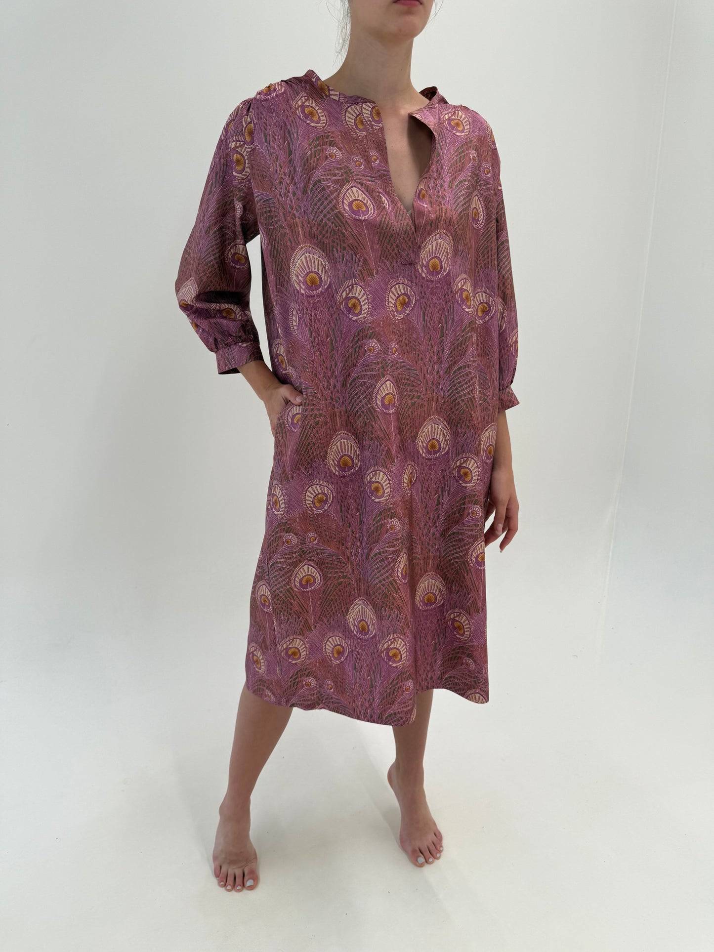 Rochie vintage petite din mătase naturală în croi lejer cu buzunare dusty pink