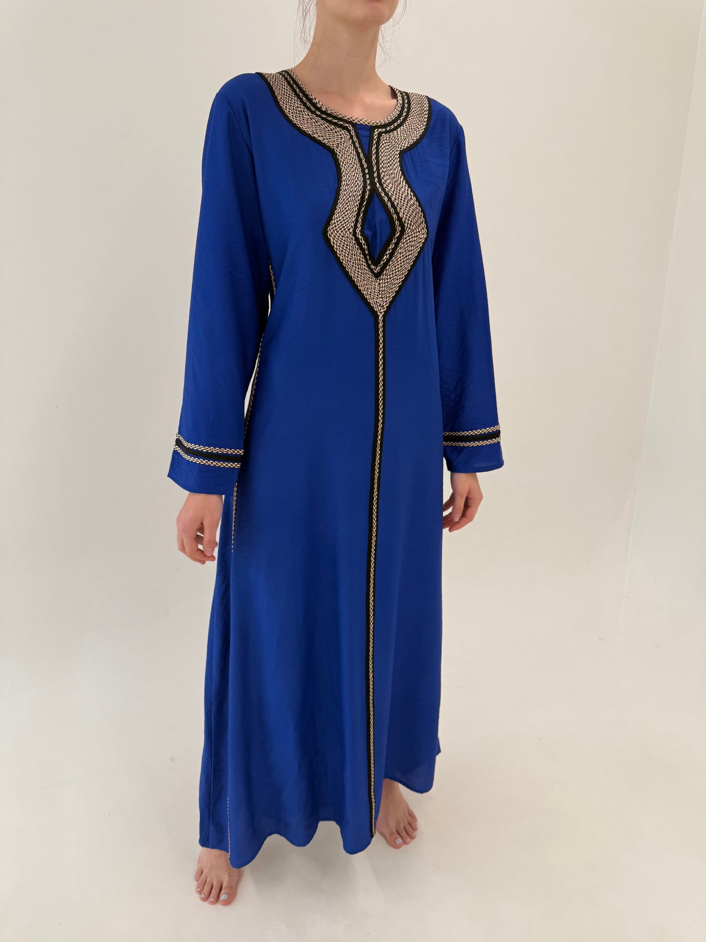 Kaftan maxi albastru regal din panzica cu detalii auriu antichizat