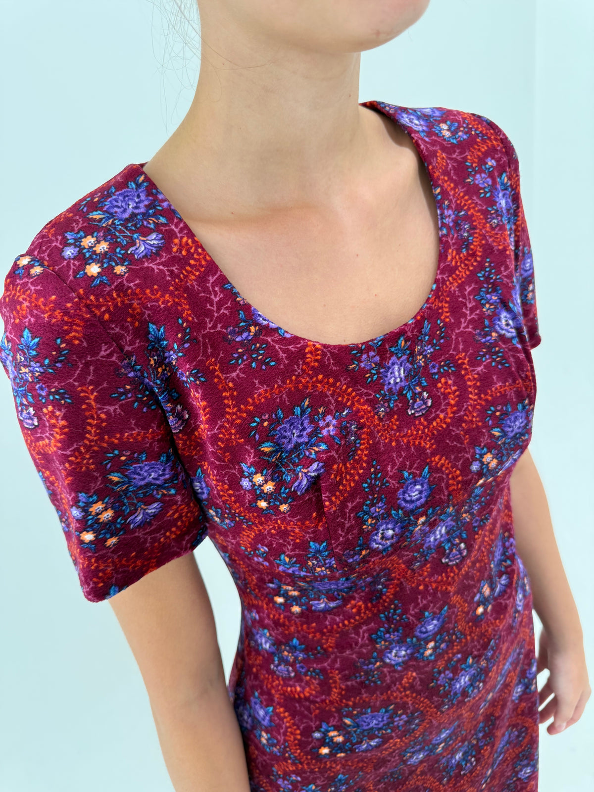 Rochie vintage din catifea excepțională de bumbac burgundy cu print superb