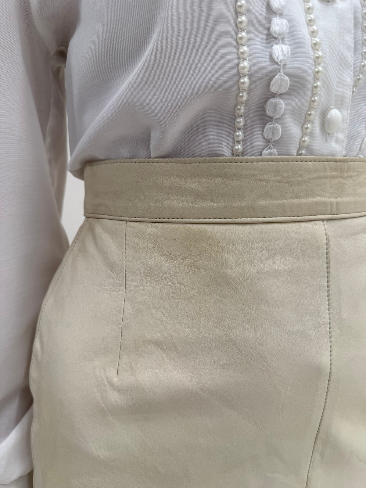 Fustă creion din piele naturală extrem de moale off white midi cu talie ultra înaltă