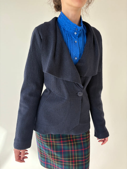 Sacou italian dark blue gray cu guler supradimensionat din lana de toamnă