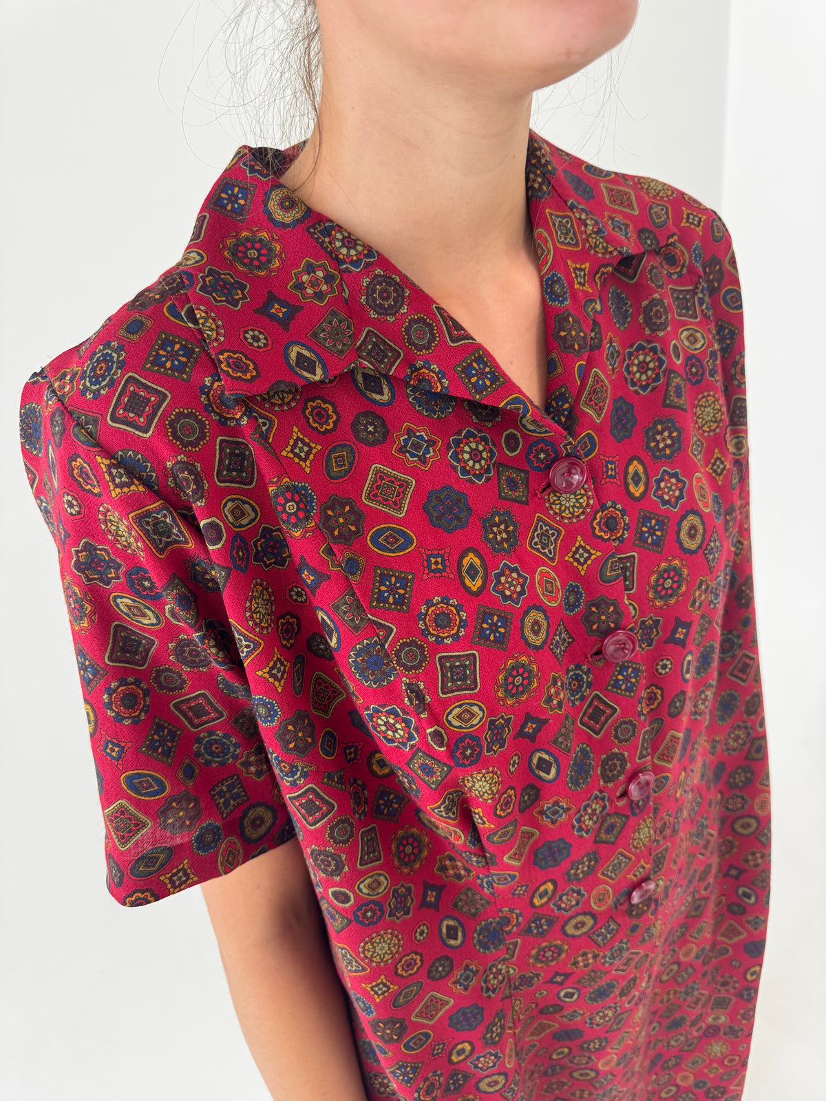 Rochie vintage burgundy din lana excepțională extrafina imprimată manual