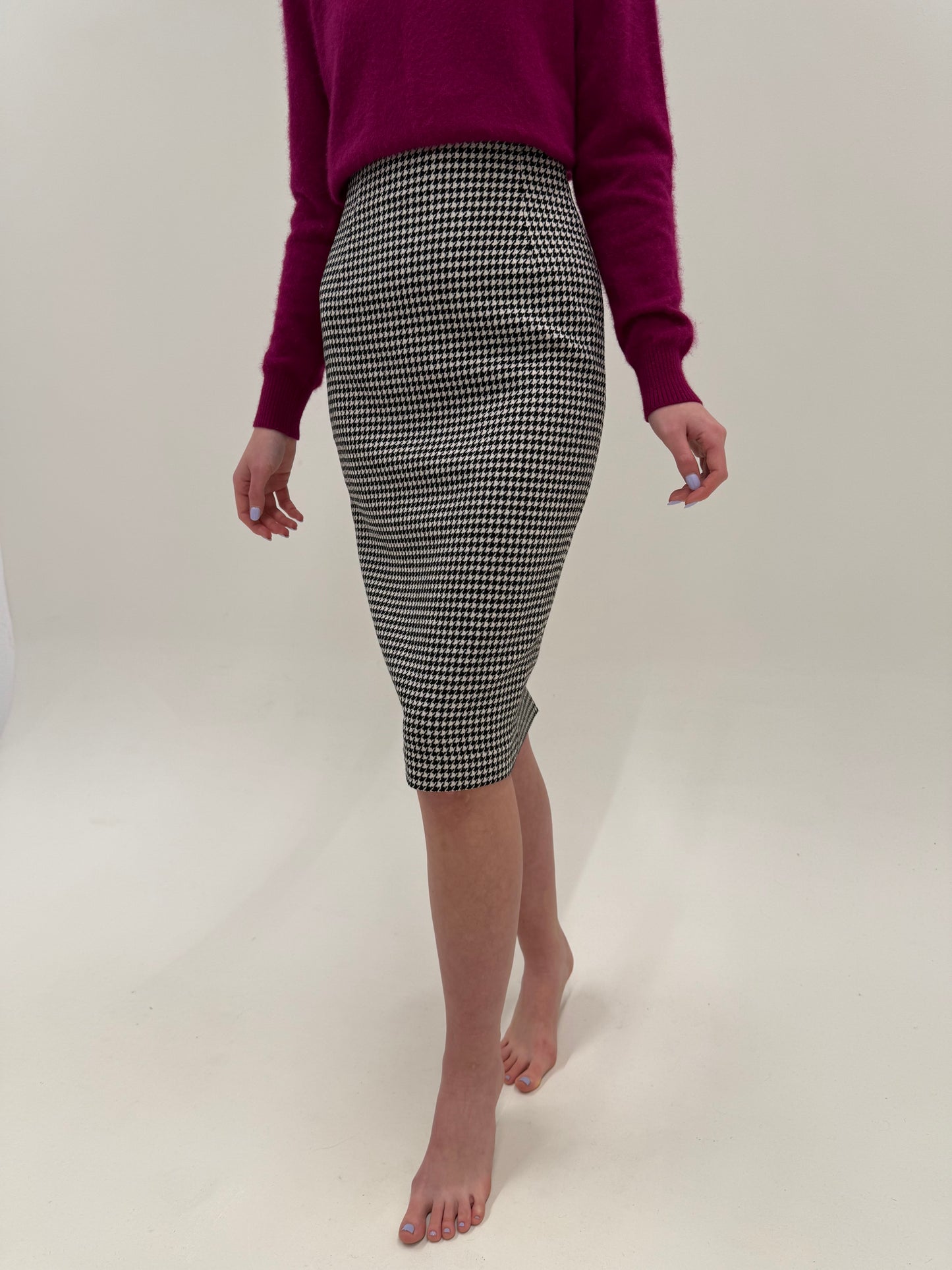 Fustă midi lung cu talie ultra ultra înaltă marcată din lana extrafina pied de coq