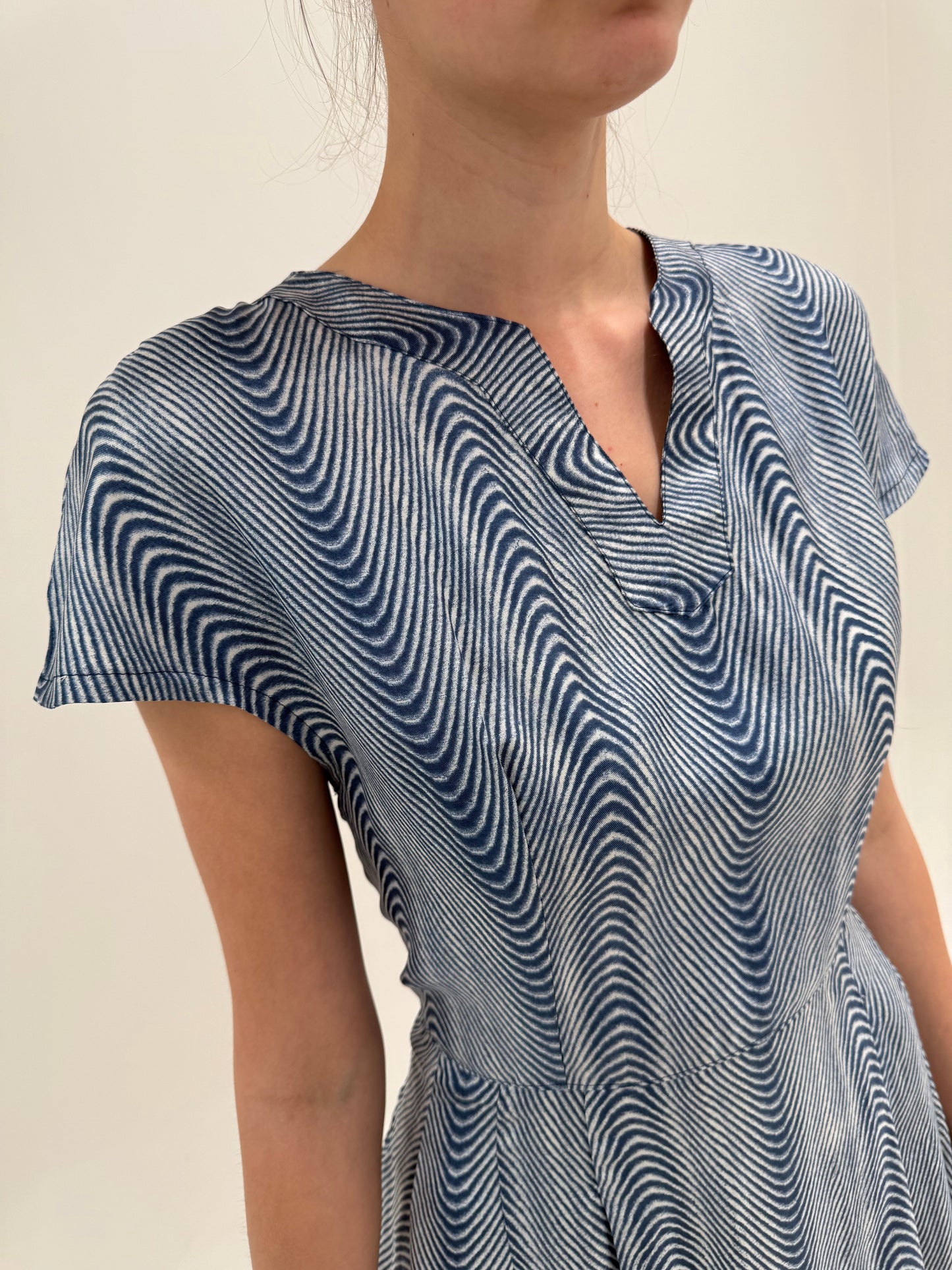 Rochie vintage jeans Blue din mătase naturală cu print și talie marcată ultra înaltă