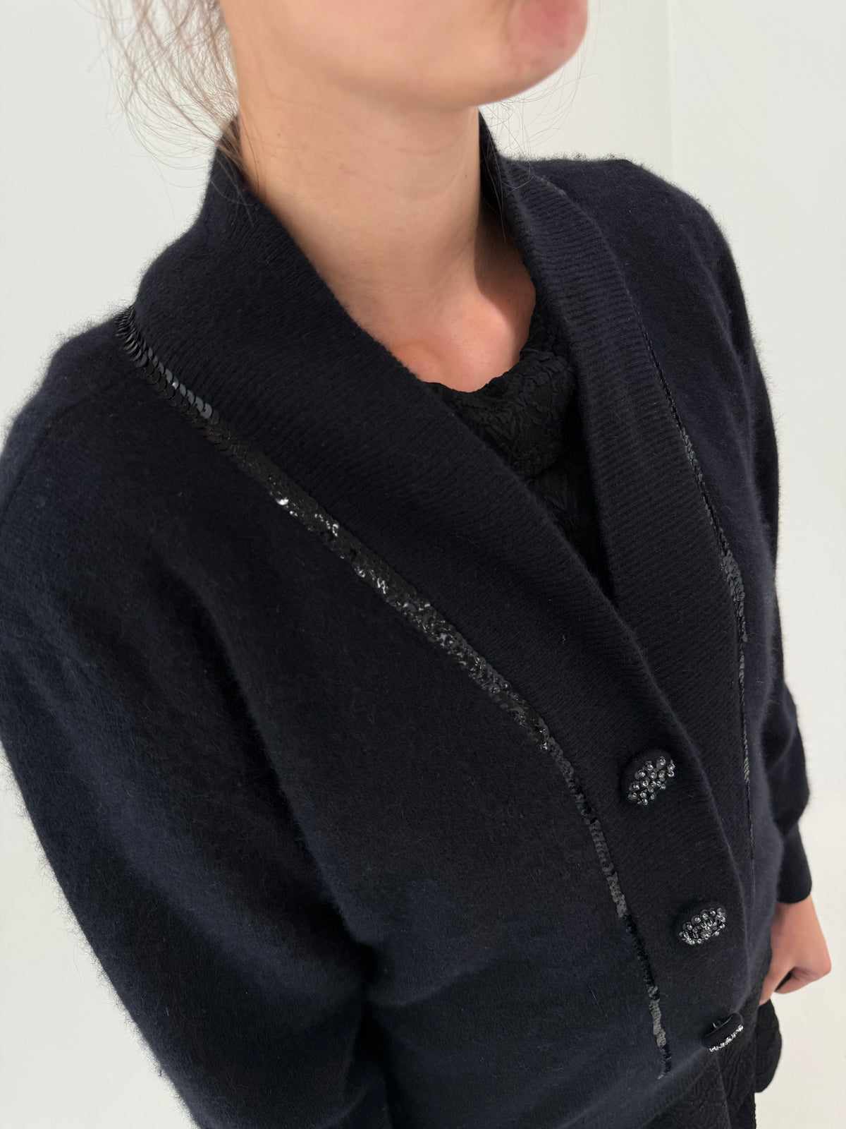 Cardigan vintage negru tip jachetă din lana extrafina și Angora cu manșete înalte