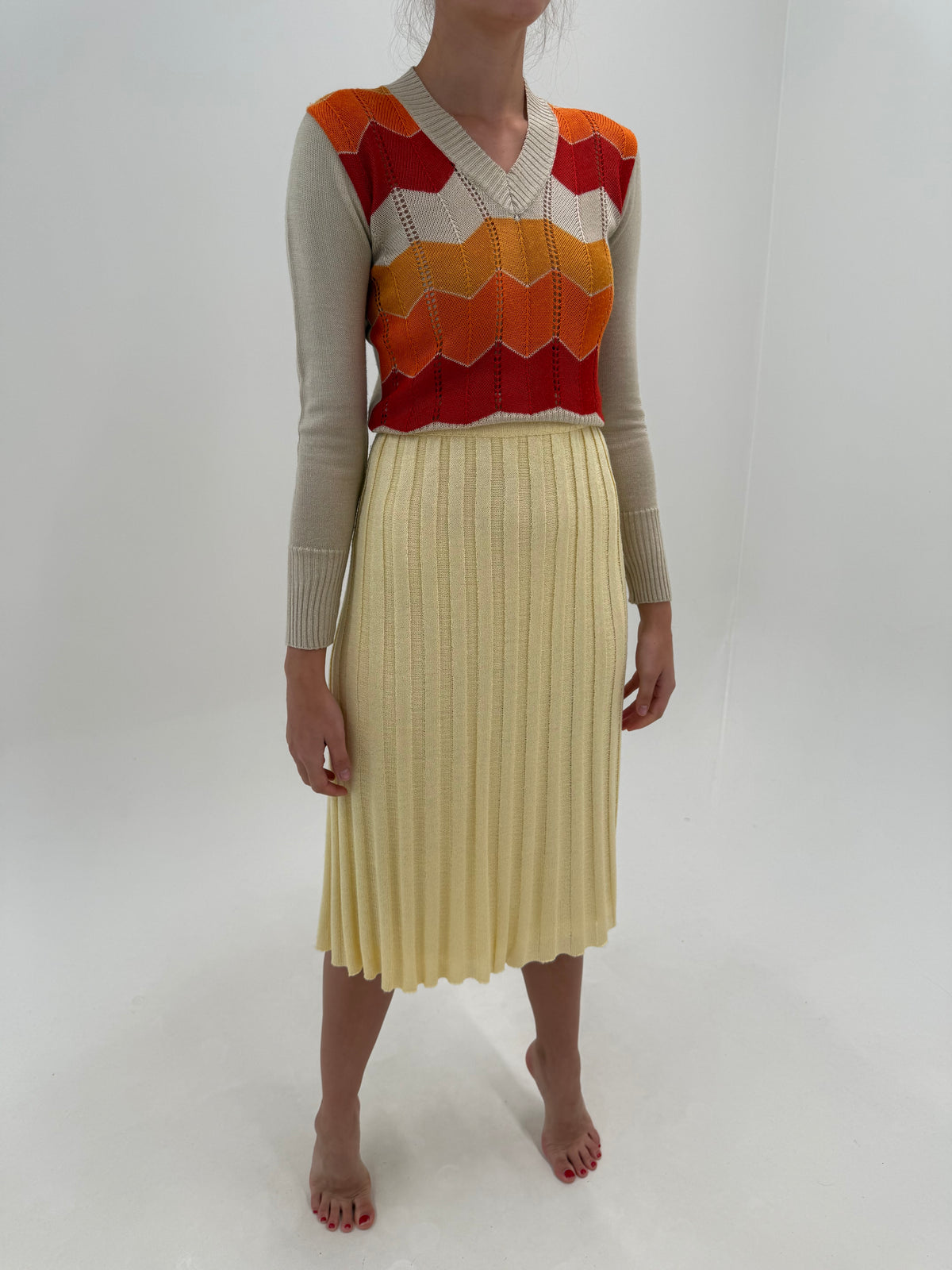 Fustă vintage plisată din tricot gros butter white de gramaj mare din mix de lana