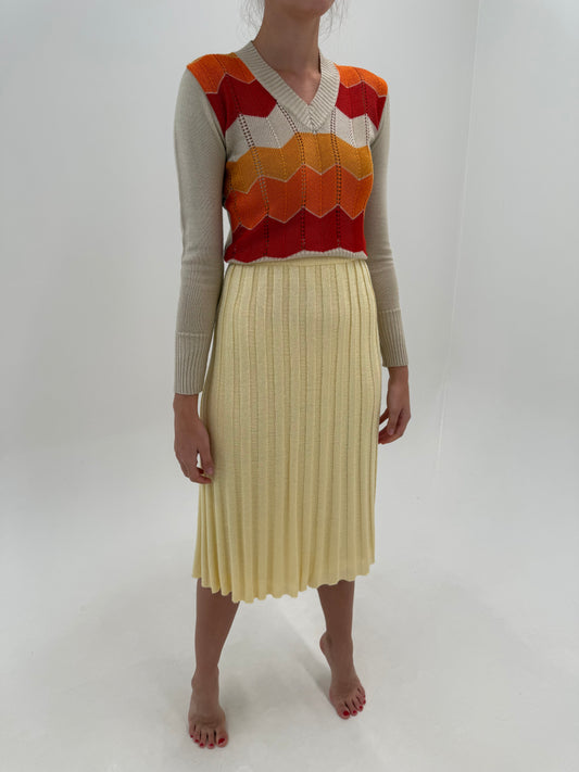 Fustă vintage plisată din tricot gros butter white de gramaj mare din bumbac