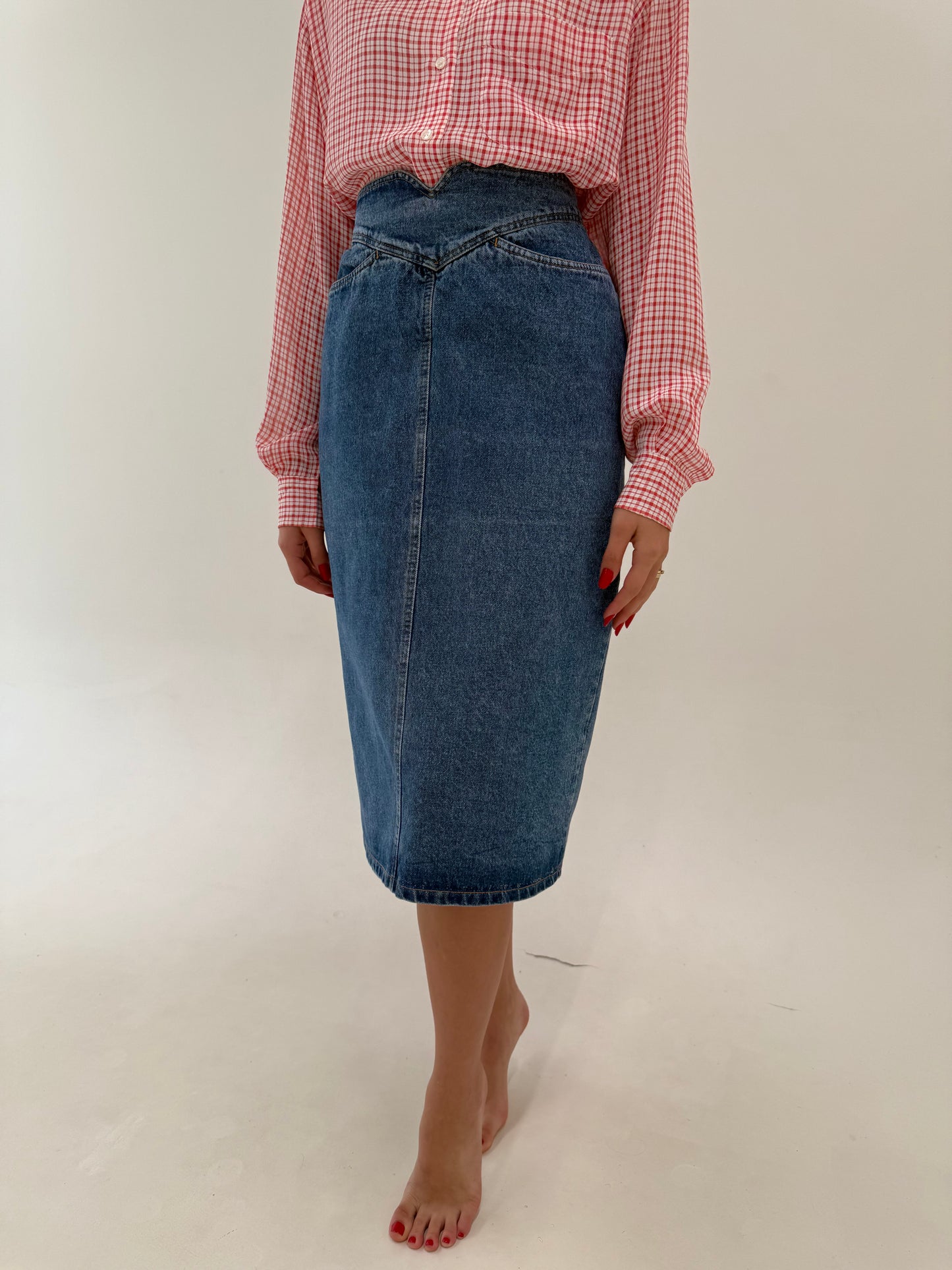 Fustă vintage din jeans cu talie ultra marcată extrem de înaltă midi lung